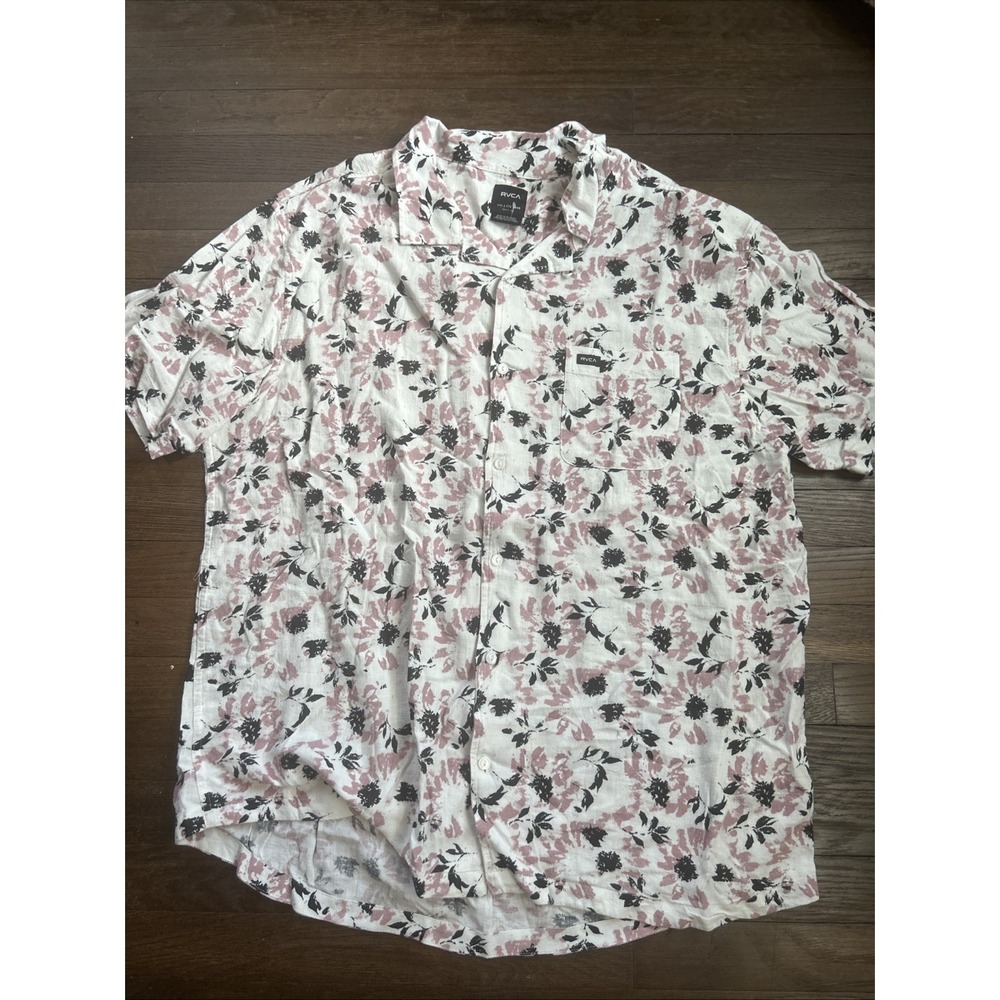 RVCA Shirt Mens 2XL White Black Floral Short Sleeve Button Up Casual Beach